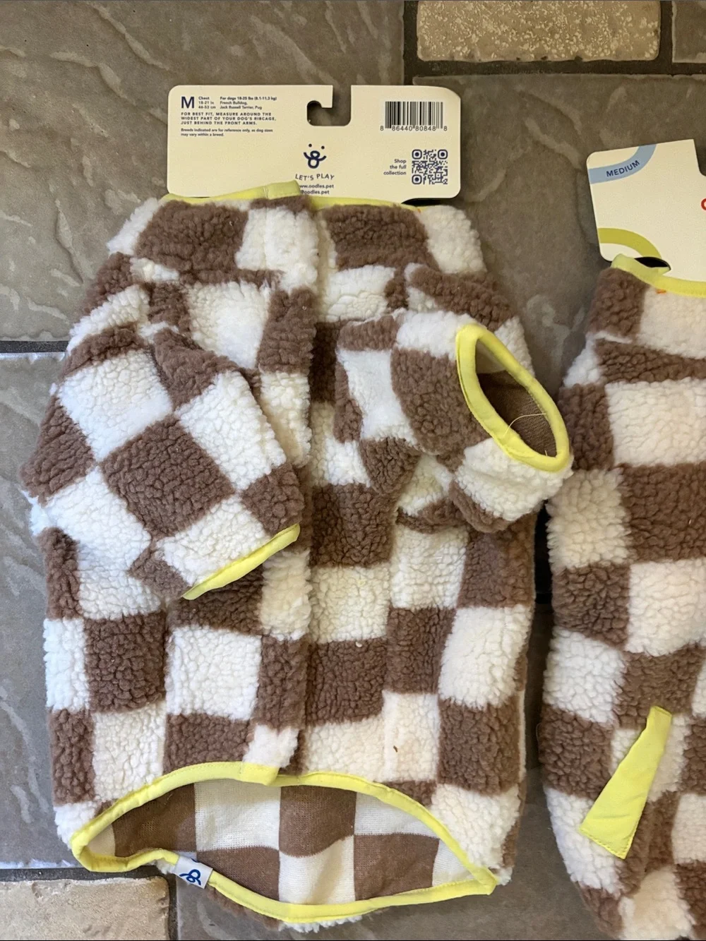 Oodles Checkerboard Sherpa Dog Sweater - Brown & Cream with Lime lot 2